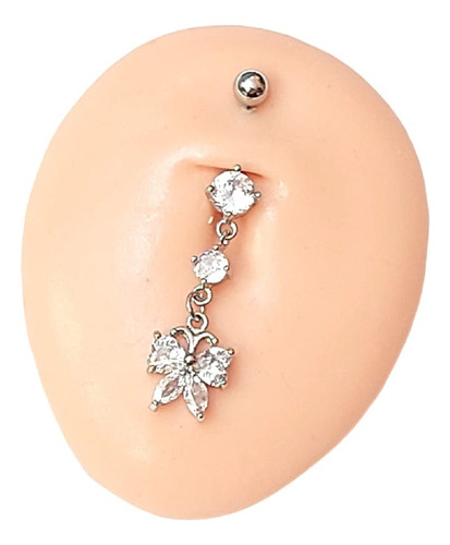 Piercing De Umbigo Pendurado Prata Borboleta Zirconia Aço