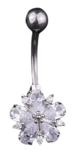 Piercing De Umbigo Prata Flor Zirconia Pequeno Aço 316