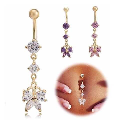 Piercing De Umbigo Pendurado Dourado Borboleta Zirconia Aço