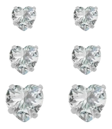 Trio Brinco Pedra Zirconia Coração Prata 925 3 4 5 Mm