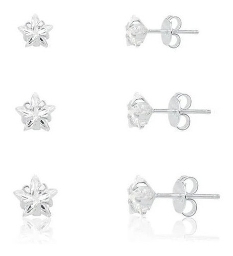 Trio Brinco Pedra Zirconia Estrela Prata 925 3 4 5 Mm