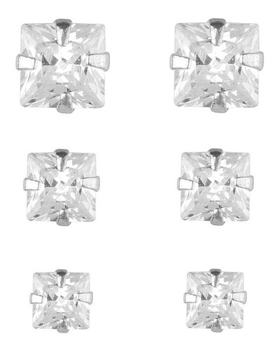 Trio Brinco Pedra Zirconia Quadrado Prata 925 3 4 5 Mm