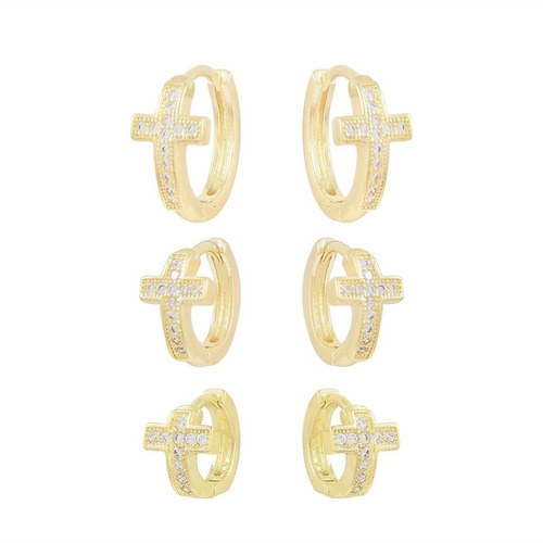 Brinco Trio Argola Cruz Pedra Zirconia Folheado Ouro Dourado