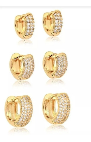 Kit Brinco Trio 123 Furo Argolas Cravejadas Micro Zircônia