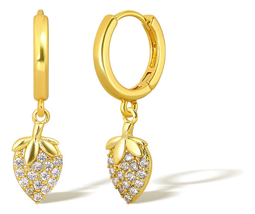 Brinco Argola Pingente Morango Pedra Zirconia Banha Ouro 18k