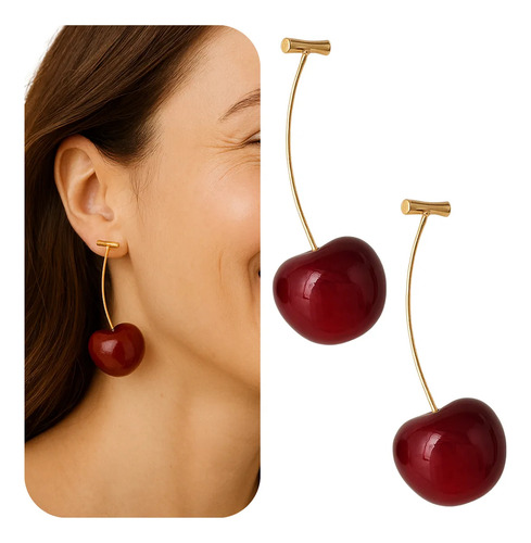 Brinco Cereja Cherry Festa Folheado Ouro Pendurado Vermelho