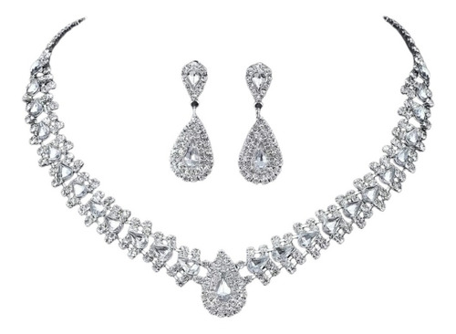 Gargantilha Colar Brinco Strass Gota Prata Noiva Festa Luxo