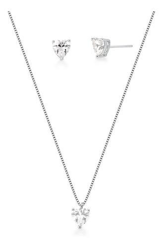 Colar E Brinco Dama Daminha Noiva Coração Pedra Zirconia