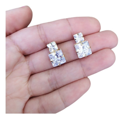 Brinco Zirconia Noiva Dourado Folheado A Ouro 18k Semi Joia Com Garantia Pequeno Quandrado Barato Delicado