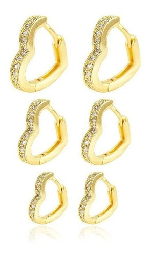 Trio Brinco Argola Pedra Zirconia Coração Dourado F Ouro 18k