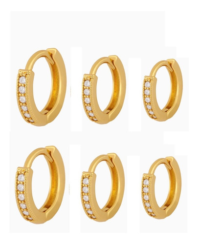 Trio Brinco Argola Pedra Zircônia F Ouro Garantia 8 10 12 Mm