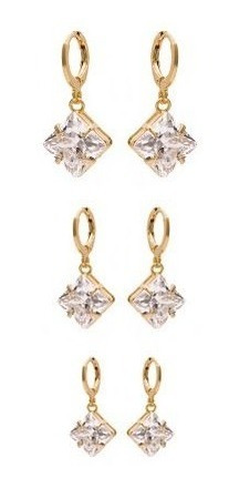 Trio Brinco Argola Pedra Zirconia Folheado Pingente Quadrado