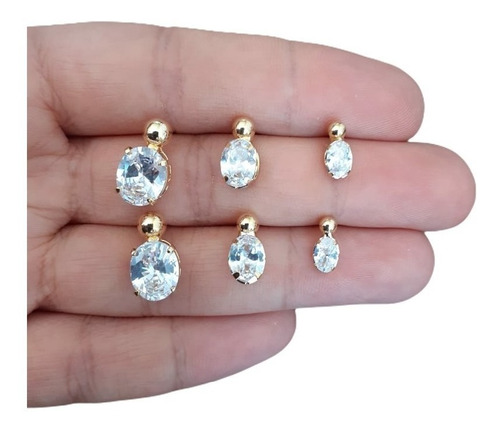 Trio Brinco Pedra Zirconia Oval F Ouro 18k Dourado Folheado