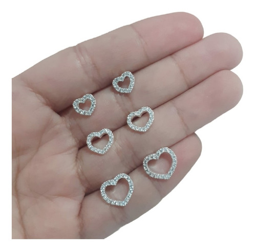 Trio Brinco Pedra Zirconia Coração Folheado A Prata Semijoia