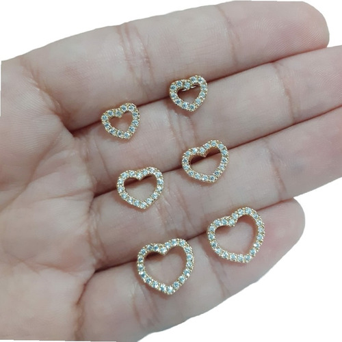 Trio Brinco Pedra Zirconia Coração Folheado A Ouro Dourado