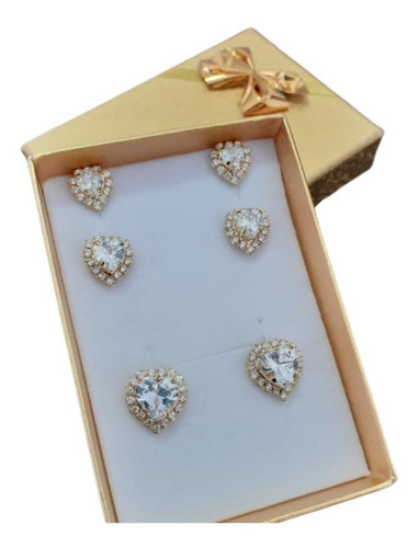Trio Brinco Pedra Zirconia Coração F Ouro Dourado Folheado