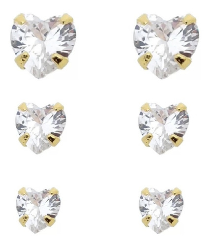 Trio Brinco Pedra Zirconia Coração F Ouro Dourado Folheado