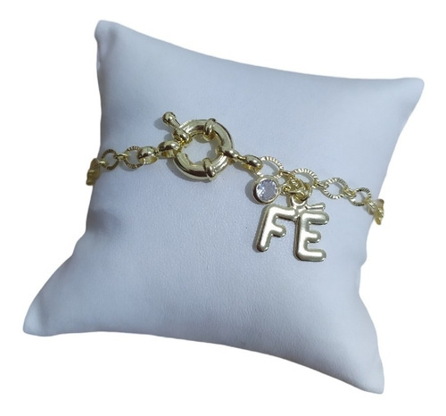 Pulseira Fé Pedra Zirconia F Ouro Semi Joia Fecho Boia