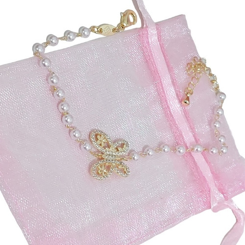 Pulseira Dourada Zircônia E Pérola Borboleta Debutante