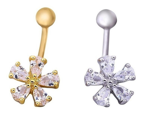 Piercing De Umbigo Prata Ou Dourado Flor Zirconia