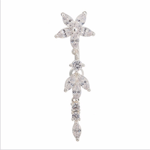 Piercing De Umbigo Prata Pendurado Flor Invertido Zirconia
