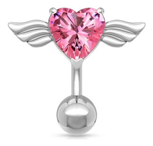 Piercing De Umbigo Invertido Prata Zirconia Coração Rosa Rox