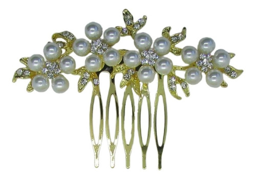 Arranjo Enfeite Cabelo Noiva Dama Dourado Strass Perola