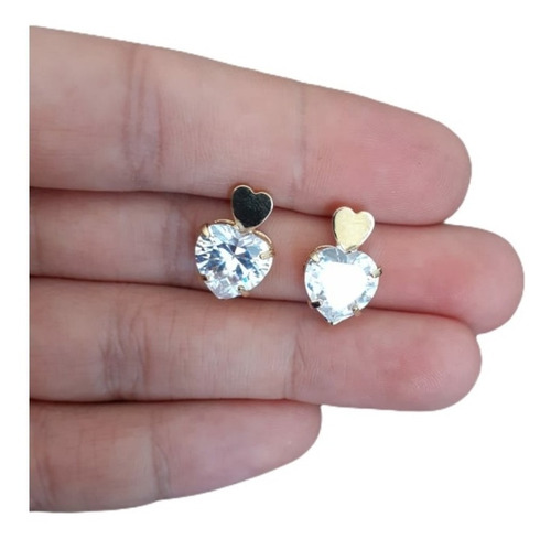 Brinco Noiva Pedra Zirconia Coração F Ouro Dourado Folheado