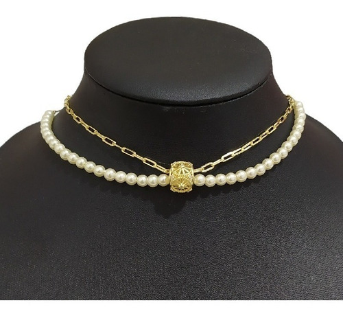 Colar Pérola Noiva Pedra Zirconia Folheado Ouro Semi Joia