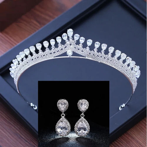 Conjunto Coroa E Brinco Strass E Zirconia Noiva Prata Gota