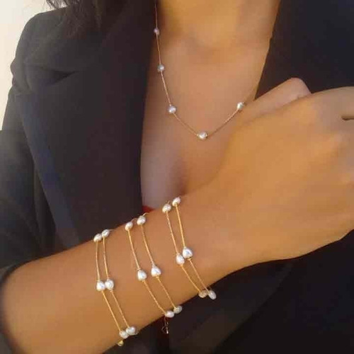 Pulseira Pérola Formato Coração F. Ouro Semi Joia