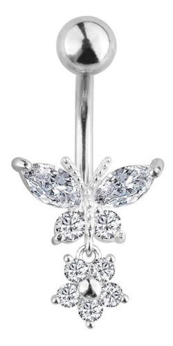 Piercing De Umbigo Prata Pendurado Pedra Borboleta Flor
