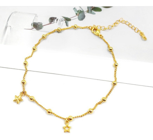 Tornozeleira Bolinhas E Estrelas Dourada Folheada A Ouro 18k