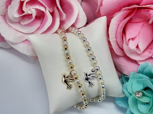 Pulseira Perola E Pingente Pombinha Da Paz F. Ouro Semi Joia