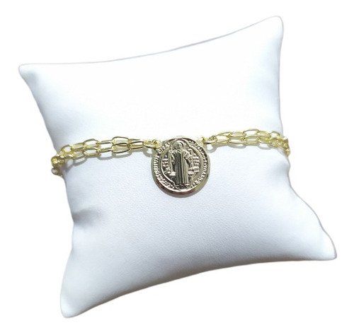 Pulseira Medalha De São Bento Folheada Ouro 18k Fecho Boia