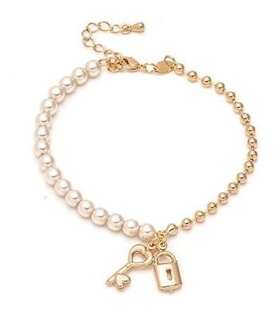 Pulseira Pérola F Ouro Semi Joia Cadeado Chave Coração