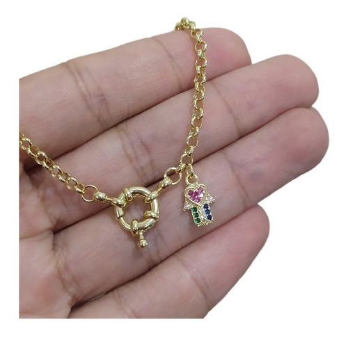 Pulseira Bracelete Mão De Fátima Elo Português Boia F. Ouro