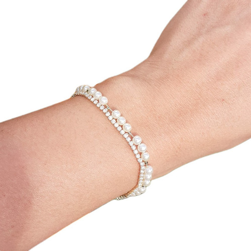 Pulseira Bracelete Dourada Zircônia E Pérola Noiva Debutante