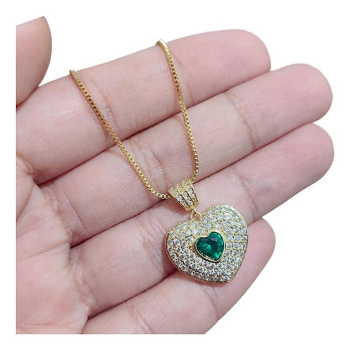 Colar Corrente Pedra Zirconia Coração Semijoia Verde F. Ouro