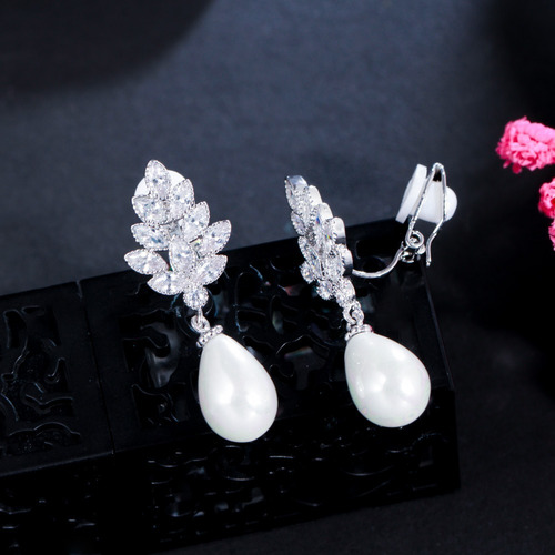 Brinco De Pressão Noiva Pedra Zirconia Pérola Prata Festa
