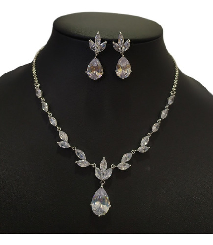 Conjunto Colar Brinco Noiva Pedra Zirconia Prata Gota Festa