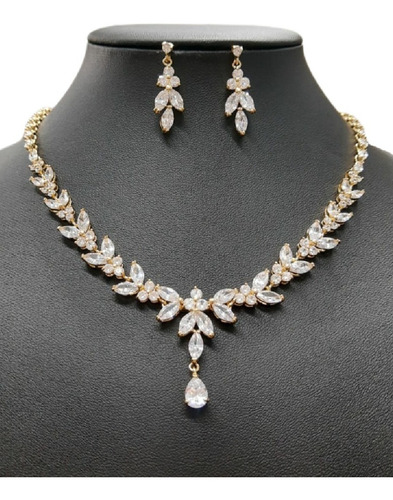 Colar E Brinco Noiva Zircônia Dourado Festa Debutante Luxo
