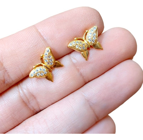 Brinco Pedra Zirconia Dourado Banhado A Ouro Borboleta
