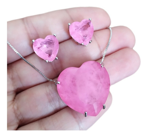 Conjunto Colar E Brinco Coração Pedra Zirconia Fusion Ice