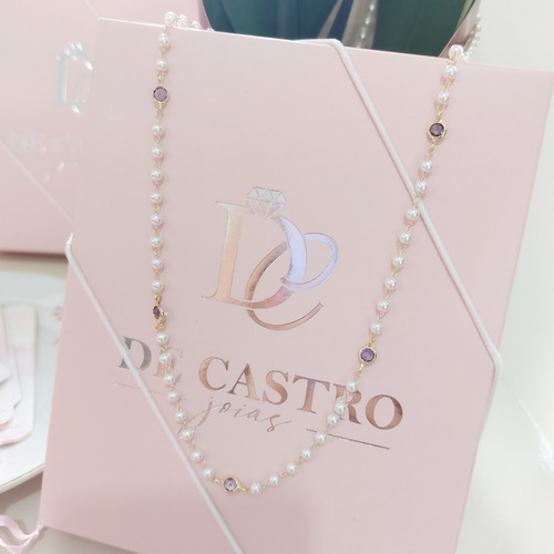 Colar Corrente Pérola Zirconia Tiffan Semi Joia 70 Cm