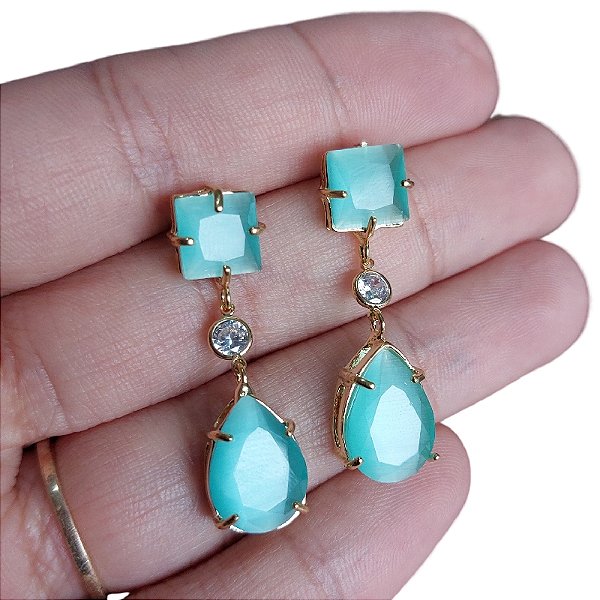 Brinco Zirconia Dourado Pedra Verde Tiffan Festa Madrinha