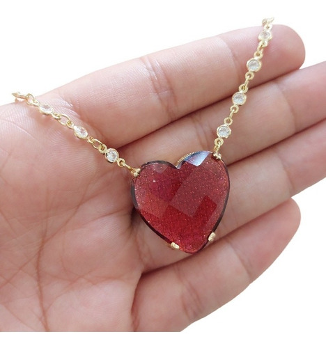 Colar Tiffan Coração Grande Pedra Zirconia Vermelho Marsala