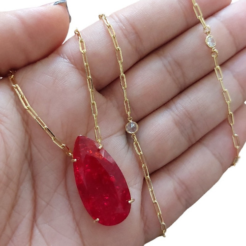 Colar Tiffan Zirconia Craquelada Vermelho Gota Semijoia