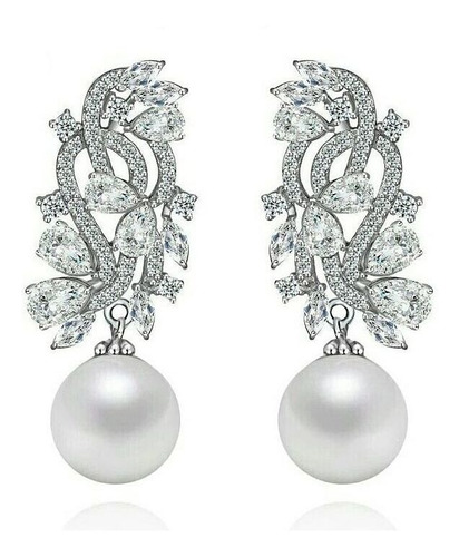 Brinco Zirconia E Pérola Prata Noiva Pendurado Delicado Fest