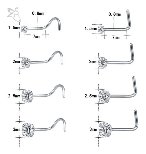 Kit 8 Piercing Nariz Nostril Atacado Pedra Zirconia Pt D Luz